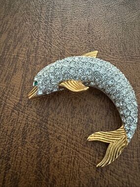 Gold and Silver Crystal Dolphin Fish Brooch - Sparkling Accent